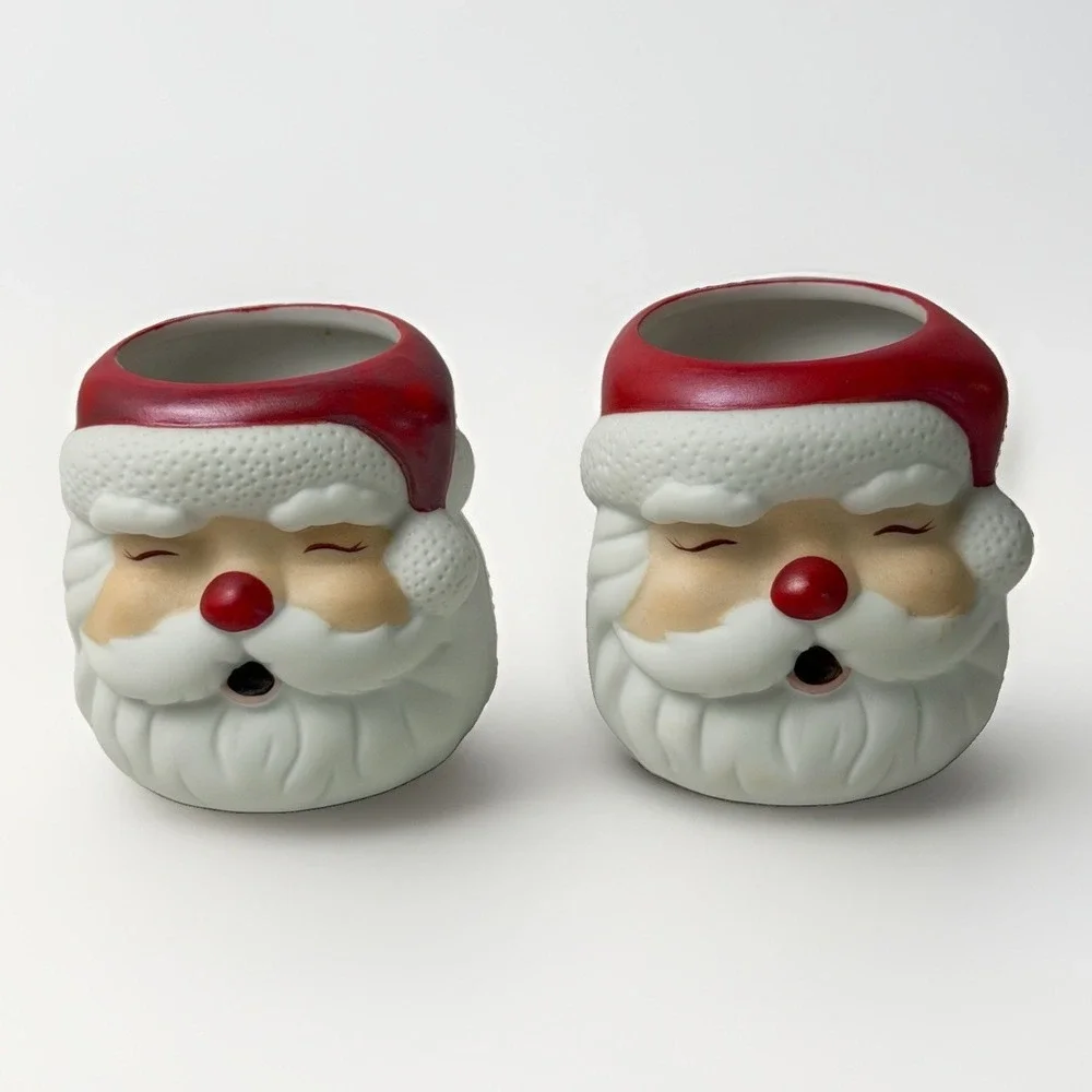 Hallmark Ceramic Santa Claus Head Votive Candle Holder MCM Pair Of VTG 1970s